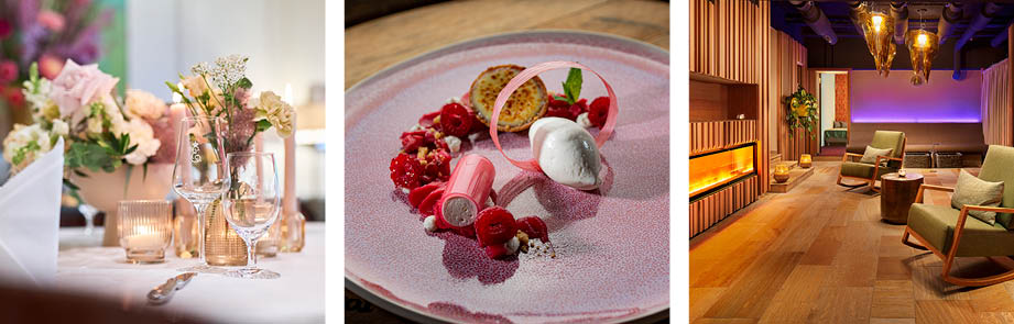 Fotokollage von einem Blumenstrauß, einem Dessert und einem Blick in dern Saunabreich im Hotel Erbprinz